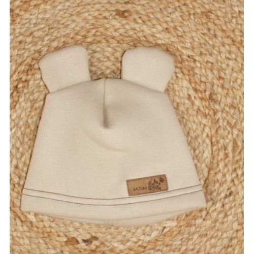 Teplá detská čiapka Kazum, bavlnená s uškami, béžová, veľ. 68/74