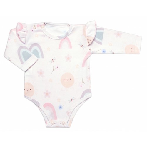 Body dl. rukáv s volánikom, bavlna, zapínanie pri krku Mrofi, Rainbow - biele veľ. 80