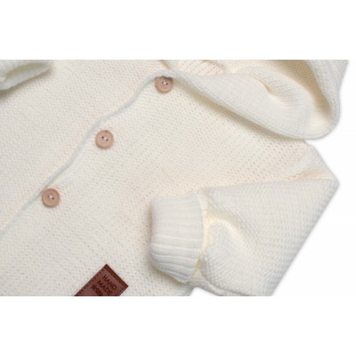 Elegantný pletený svetrík s gombíkmi a kapucňou s uškami Baby Nellys, ecru, veľ. 62