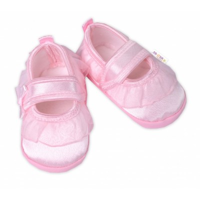 Dojčenské capáčky/topánočky s čipkou a mašľou, Baby Nellys, ružové, veľ. 68/74, 12,5 cm