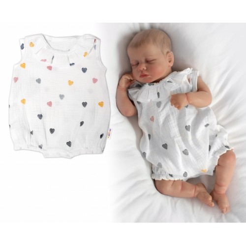 Body s nohavičkami, mušelín, Srdiečko, Baby Nellys - smotanové, veľ. 80