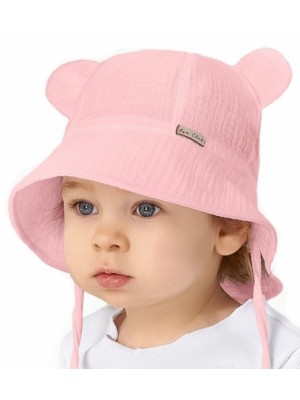 Letný mušelínový klobúčik Baby Nellys s uškami na zaväzovanie, ružový