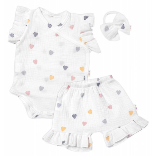 Zavinovacie body, kraťasky + čelenka, mušelín, Srdiečko, Baby Nellys, smotanové, veľ. 62