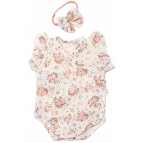Zavinovacie body, kraťasky + čelenka, mušelín, Pivonky, Baby Nellys, smotanové, veľ. 80