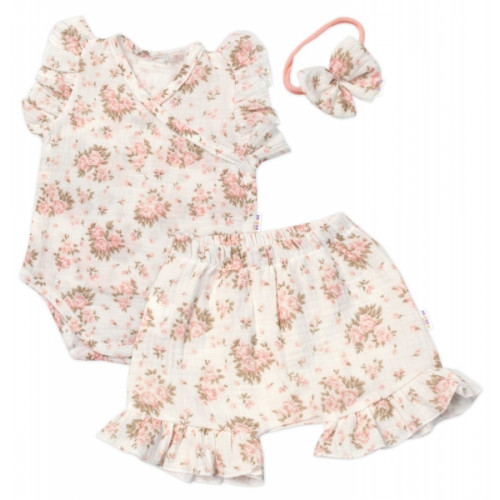 Zavinovacie body, kraťasky + čelenka, mušelín, Pivonky, Baby Nellys, smotanové, veľ. 80