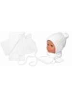 Zimní čepice na zavazování s bambulky + šál, Baby Nellys - bílá