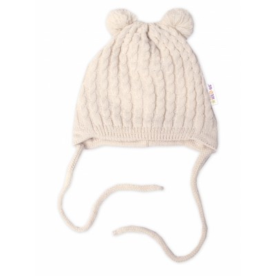 Zimní čepice na zavazování s bambulky + šál, Baby Nellys - béžová