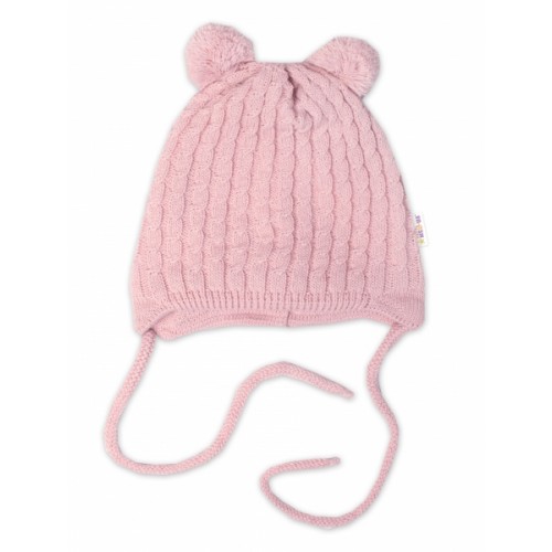 Zimná čiapka na zaväzovanie s brmbolcami + šál, Baby Nellys - púdrovo ružová, vel. 74/80
