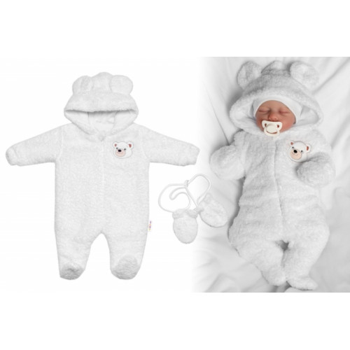 Chlpáčkový overal Luna s kapucňou + rukavičky, Baby Nellys, Medvedík, biely, veľ. 74/80