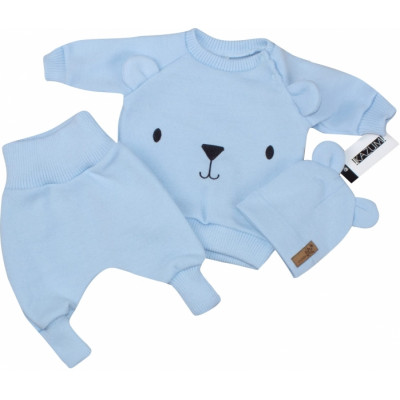 Pletená dojčenská sada 3D Medvedík, svetrík, tepláčiky + čiapočka Kazum, modrá