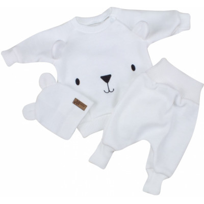 Pletená dojčenská sada 3D Medvedík, svetrík, tepláčiky + čiapočka Kazum, biela, veľ. 68