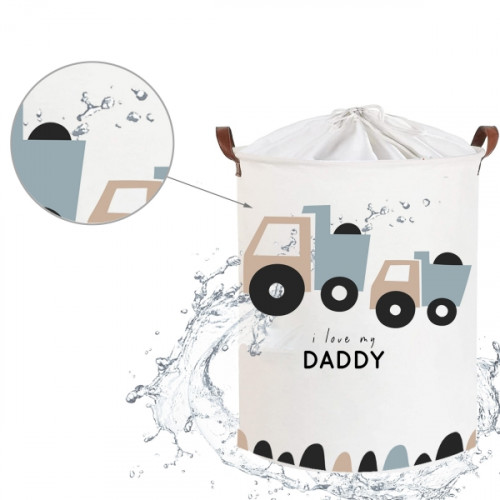 Kôš na hračky, uzatvárateľný, bavlna - Trucks Love Daddy - biely, 43 L