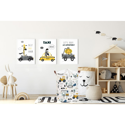 Kôš na hračky, uzatvárateľný, bavlna - Mini Trucks - biely, 43 L