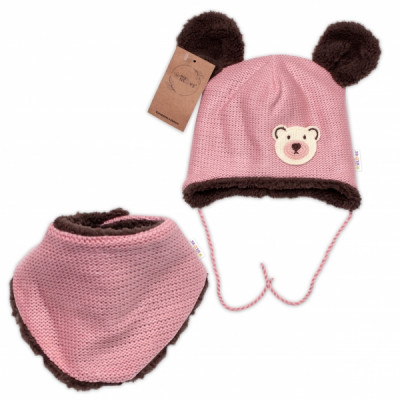 Pletená zimná čiapka s kožúškom a šatkou Teddy Bear, Baby Nellys, ružová