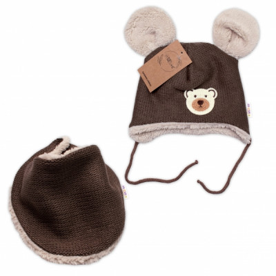 Pletená zimná čiapka s kožúškom a šatkou Teddy Bear, Baby Nellys, hnedá, veľ. 68/74