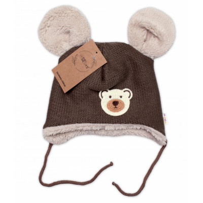 Pletená zimná čiapka s kožúškom a šatkou Teddy Bear, Baby Nellys, hnedá, veľ. 68/74
