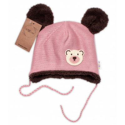 Pletená zimná čiapka s kožúškom a šatkou Teddy Bear, Baby Nellys, ružová, veľ. 68/74