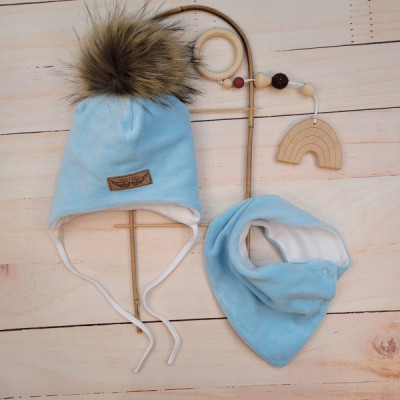 Zimná dvojvrstvová čiapka na zaväzovanie s brmbolcom z kožušinky + šatka Z&Z, modrá,veľ.68