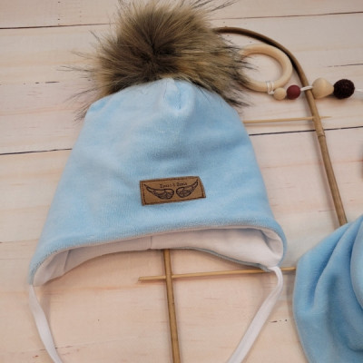 Zimná dvojvrstvová čiapka na zaväzovanie s brmbolcom z kožušinky + šatka Z&Z, modrá,veľ.68