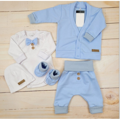 Bavlnená sada, body, nohavice, motýlik a čiapka Elegant Boy 5D, Kazum, modrá/biela