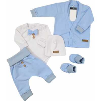 Bavlnená sada, body, nohavice, motýlik a čiapka Elegant Boy 5D, Kazum, modrá/biela, veľ.62