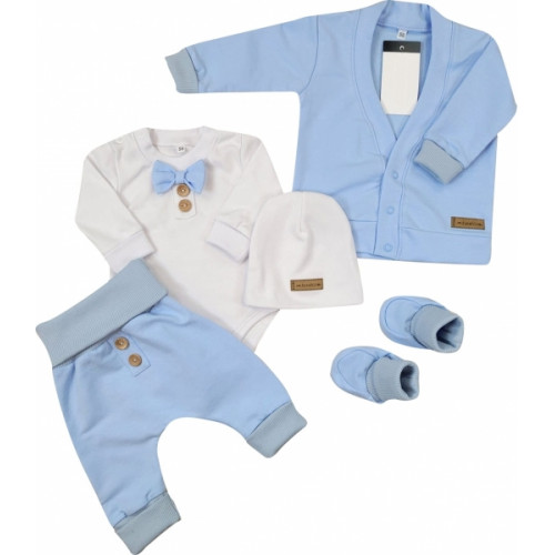 Bavlnená sada, body, nohavice, motýlik a čiapka Elegant Boy 5D, Kazum, modrá/biela, veľ.74