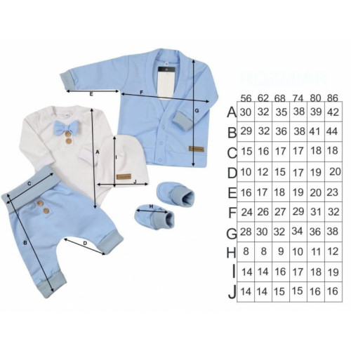 Bavlnená sada, body, nohavice, motýlik a čiapka Elegant Boy 5D, Kazum, modrá/biela, veľ.74