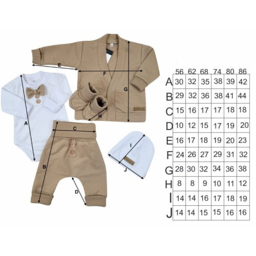 Bavlnená sada, body, nohavice, motýlik a čiapka Elegant Boy 5D, Kazum, mocca/biela, veľ.80