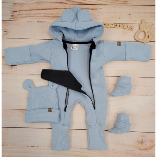Oteplený detský overal bez šľapiek s kapucňou, čiapočka+topánočky, 3D,Kazum, modrý, veľ.68