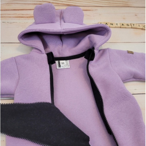 Oteplený detský overal bez šľapiek s kapucňou, čiapočka+topánočky, 3D, Kazum, lila, veľ.86