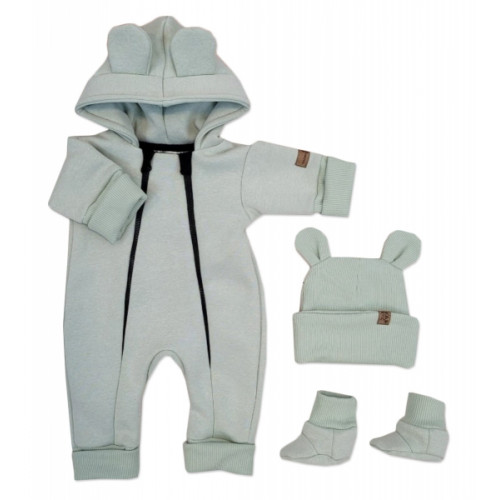 Oteplený detský overal bez šľapiek s kapucňou, čiapočka+topánočky,3D,Kazum, mätový, veľ.80