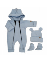 Oteplený detský overal bez šľapiek s kapucňou, čiapočka+topánočky, 3D,Kazum, modrý, veľ.80