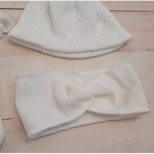 Pletená ažurková sada 4D, tunika, polodupačky, čiapočka + čelenka Kazum, biela, veľ. 62