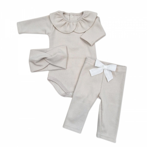 Rebrované body s golierom, legíny a čelenka, 3D, bavlna, piesková, veľ. 80