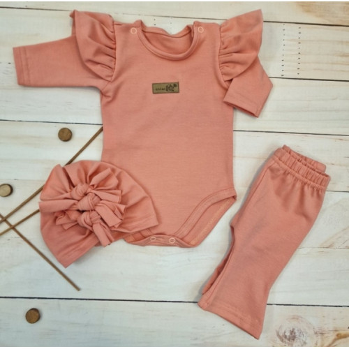 Body s volánikmi, legíny do zvonu a čiapočka, 3D, bavlna, marhuľová, veľ. 86