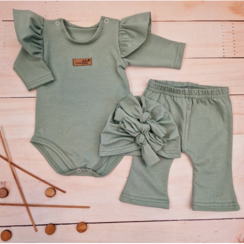 Body s volánikmi, legíny do zvonu a čiapočka, 3D, bavlna, olivová, veľ. 80