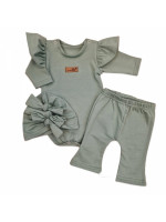 Body s volánikmi, legíny do zvonu a čiapočka, 3D, bavlna, olivová, veľ. 80