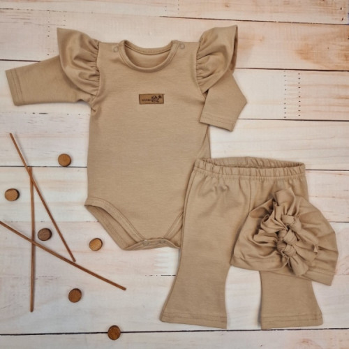 Body s volánikmi, legíny do zvonu a čiapočka, 3D, bavlna, cappuccino, veľ. 80