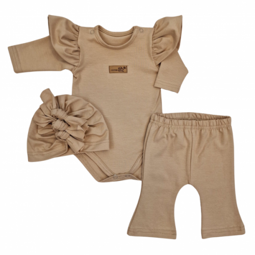 Body s volánikmi, legíny do zvonu a čiapočka, 3D, bavlna, cappuccino, veľ. 86