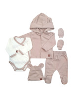 Sada do pôrodnice 5D, body, polodupačky, kabátik, čiapočka, rukavičky, béžová, veľ. 56
