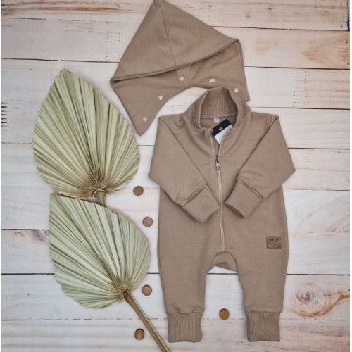 Detský teplákový overal bez šľapiek s odopínateľnou kapucňou, bavlna, mocca, veľ. 74