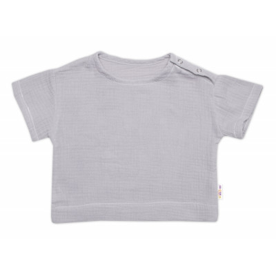 Detská letná mušelínová 2D sada tričko kr. rukáv + kraťasy, sivé, veľ. 104/110
