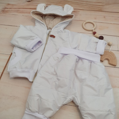 Štýlová prešívaná bunda s kapucňou + nohavice - biela, veľ. 68/74