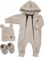 Oteplený detský overal bez šľapiek s kapucňou, čiapočka + topánočky, 3D, Kazum, béžový