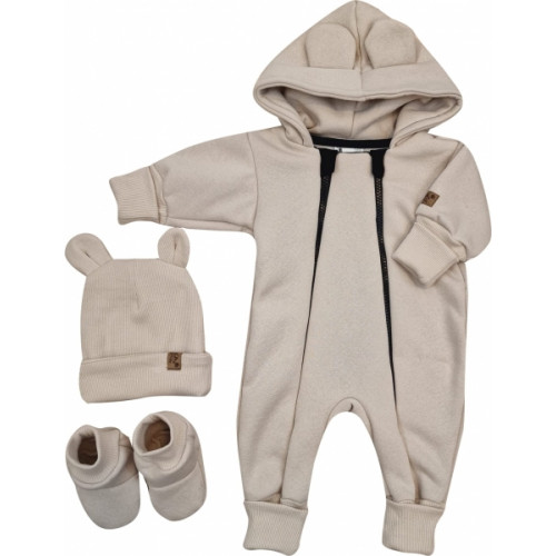 Oteplený detský overal bez šľapiek s kapucňou, čiapočka + topánočky, 3D, Kazum, béžový