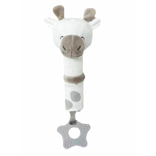 Plyšová hračka s pískatkom a hryzátkom Žirafka, 17 cm - šedá, biela