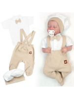 Súprava Gentleman 3D, body kr. rukáv, polodupačky s lacnom, čiapočka,béžová/biela,62