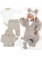 Pletená sada, Star Boy 5D, body, polodupačky, sveter, čiapka, rukavice - béžová/biela, 68