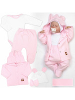 Rebrovaná sada, Star 5D, body, polodupačky, kabátik, čiapka, rukavice - rúžová, biela,68