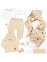 Rebrovaná sada, Star 5D, body, polodupačky, kabátik, čiapka, rukavice - béžová, biela, 68